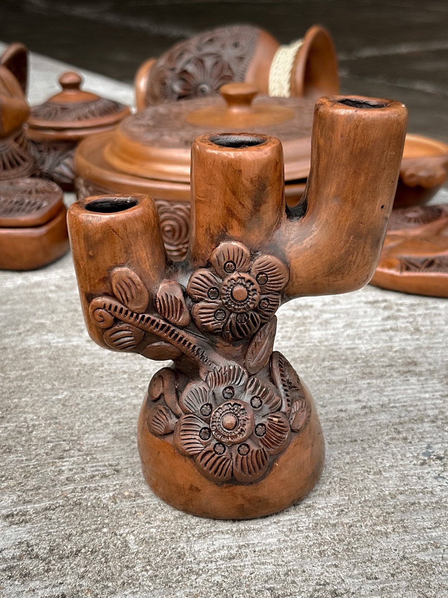 Brown Clay Floral Candleholder