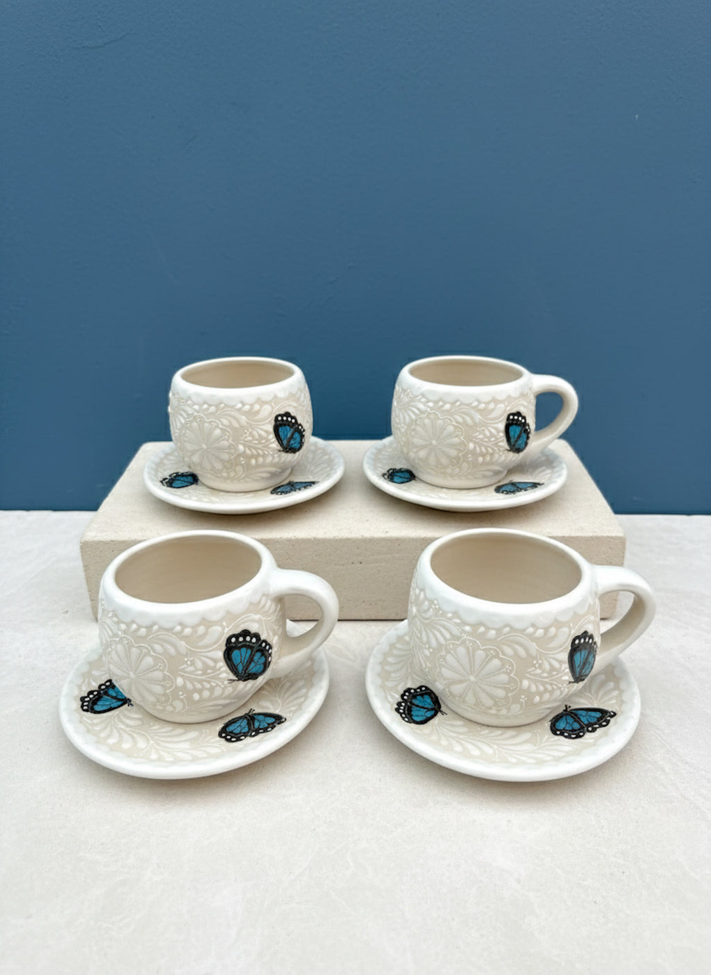 PRE-ORDER Set of 4 Blue Butterflies Mug And Plate (SHIPS IN APPROX. 6-12 WEEKS)