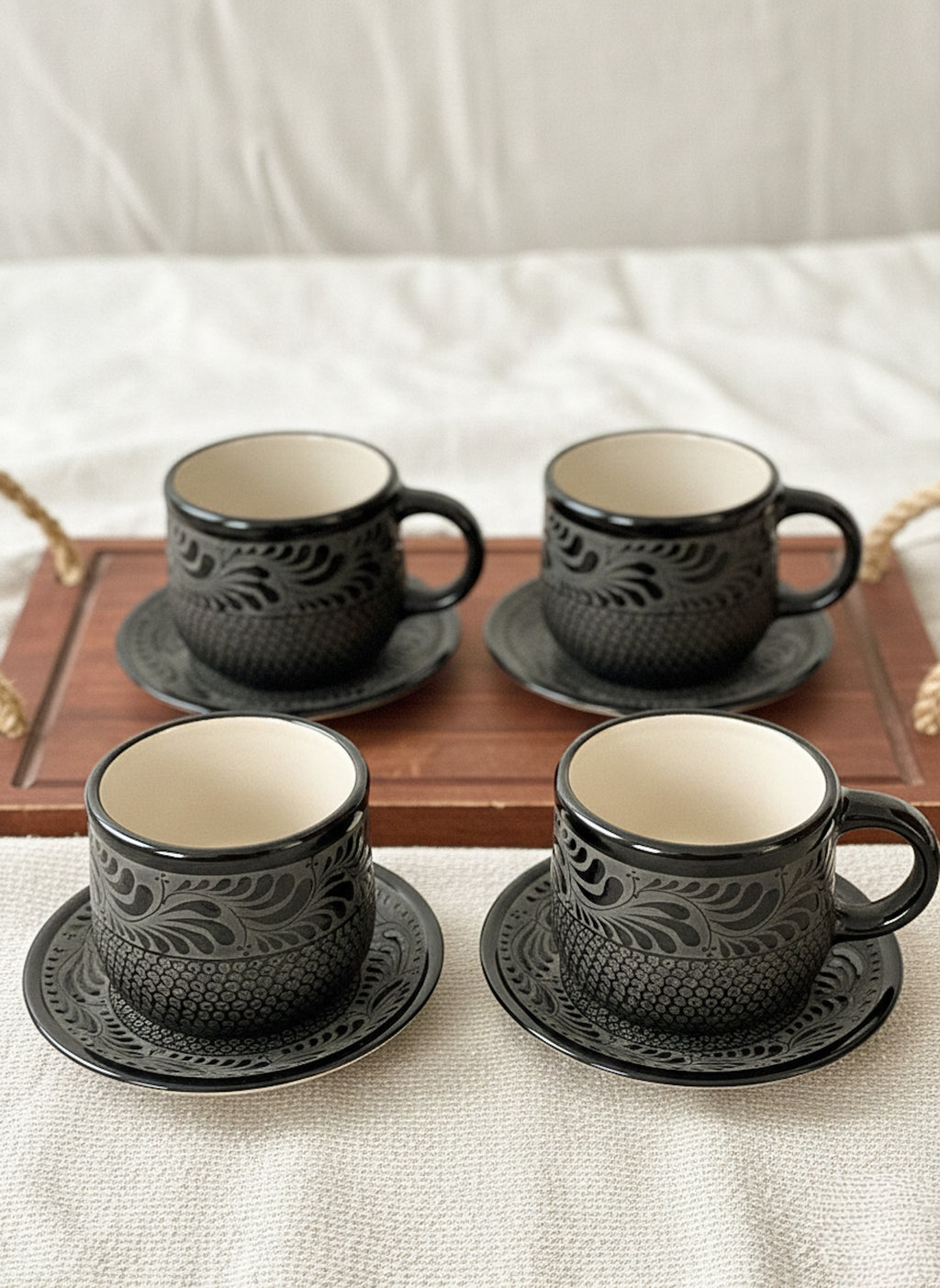 PRE-ORDER Set of 4 Raíces Black Mug And Plate  (SHIPS IN APPROX. 6-12 WEEKS)