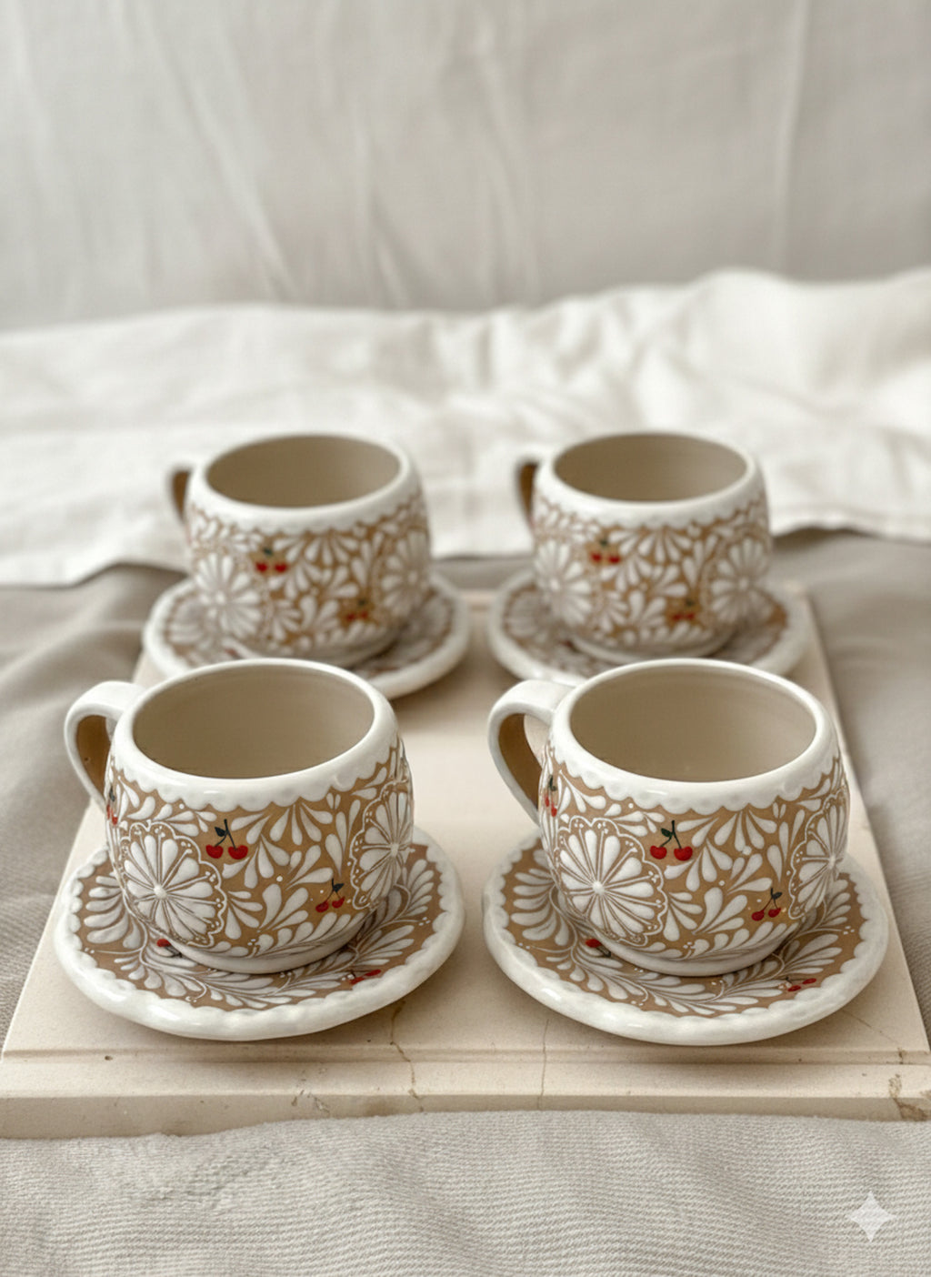 Conjunto de 4 tazas y platos color cereza marrón (ENVÍO EN APROX. 6-12 SEMANAS)