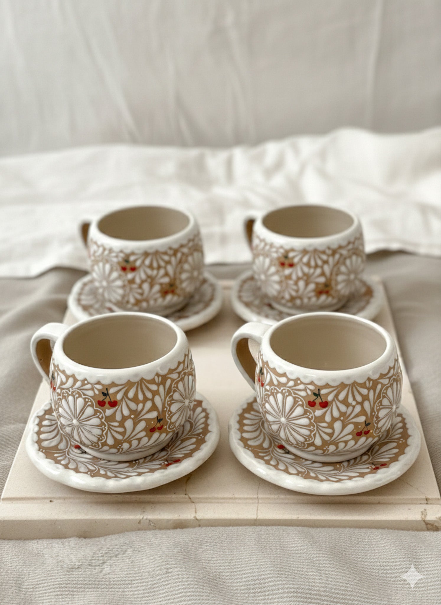 PRE-ORDER Set of 4 Brown Cherry Mug And Plate (SHIPS IN APPROX. 6-12 WEEKS)
