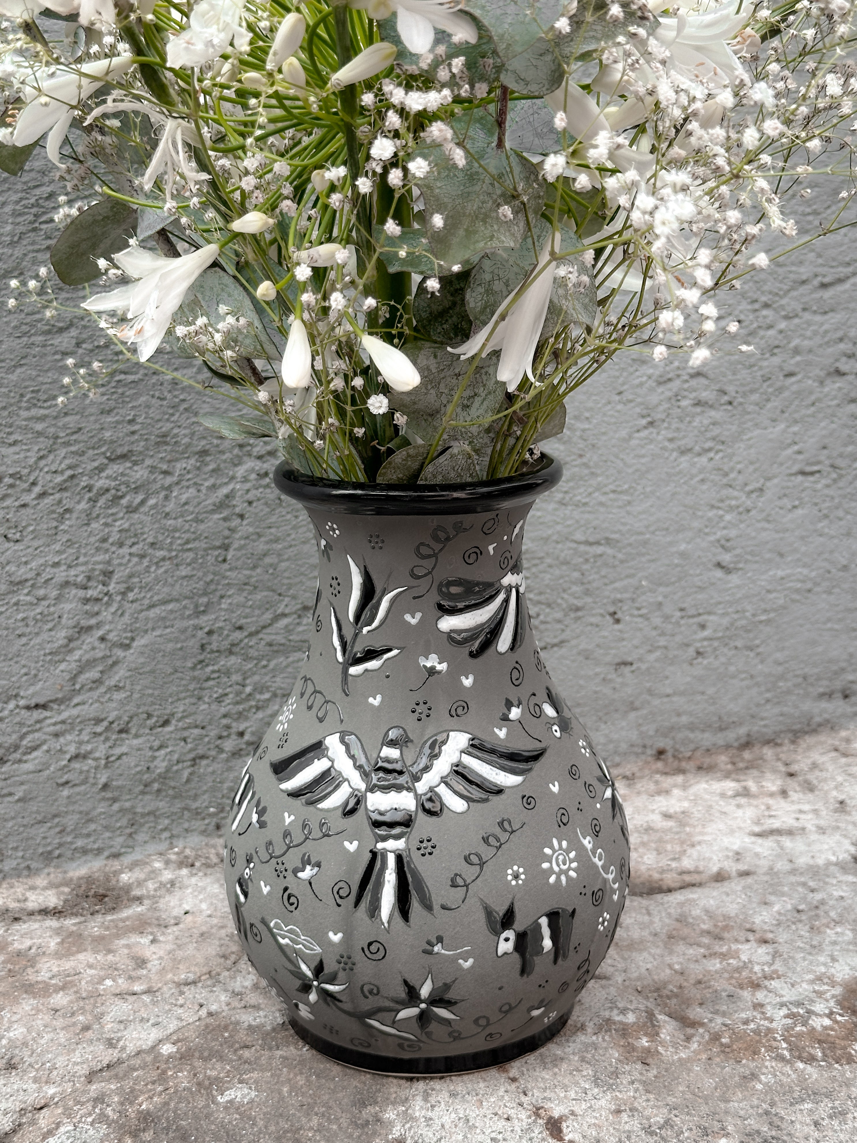 PRE-ORDER Black and White Otomi Flower Vase (SHIPS IN APPROX. 6-12 WEEKS)