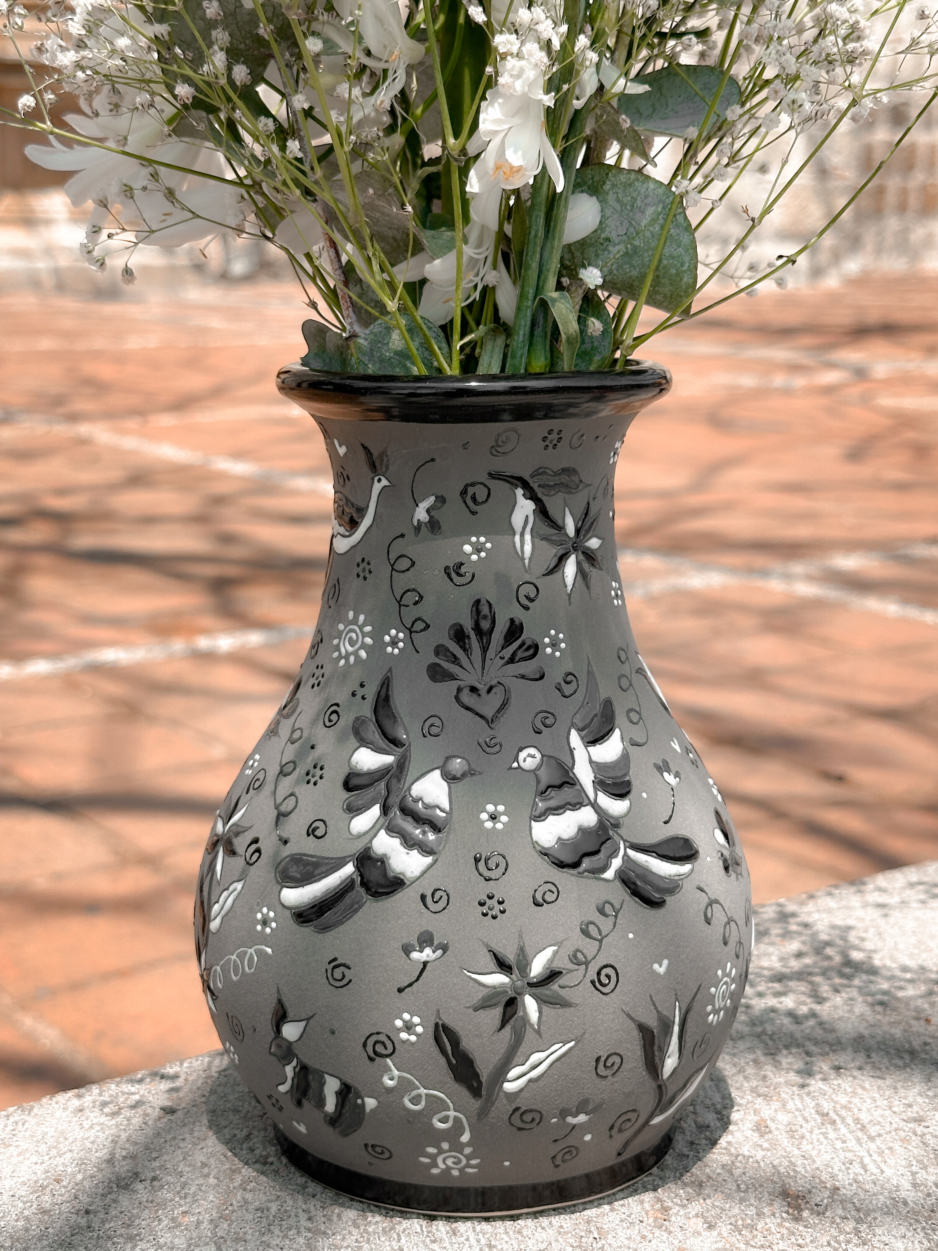 PRE-ORDER Black and White Otomi Flower Vase (SHIPS IN APPROX. 6-12 WEEKS)
