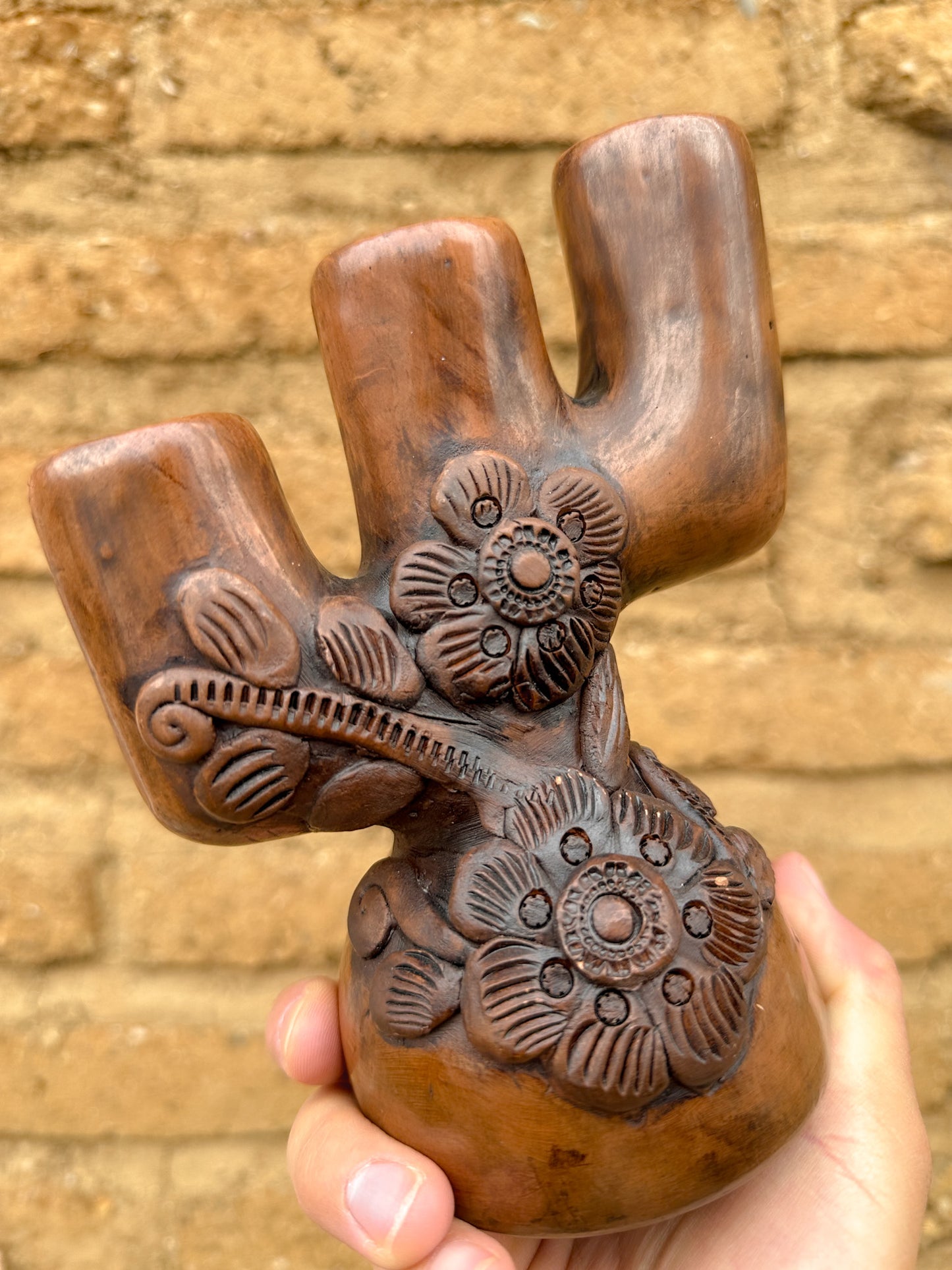 Brown Clay Floral Candleholder