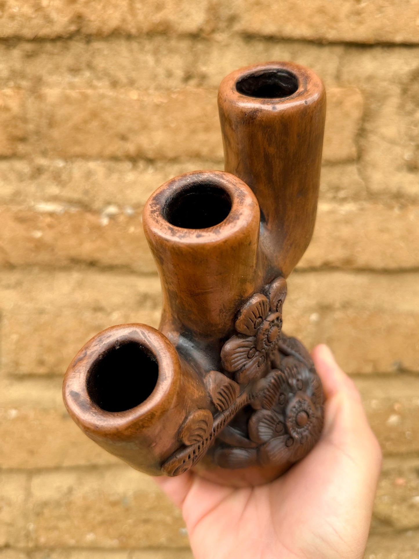 Brown Clay Floral Candleholder