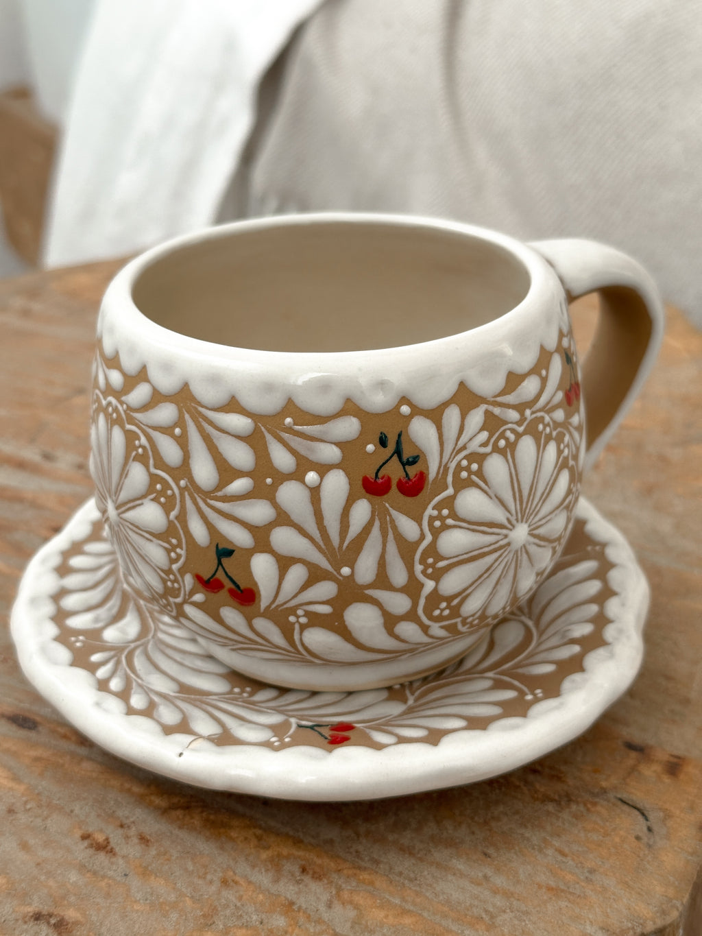 PRE-ORDER Brown Cherry Mug And Plate Set (SHIPS IN APPROX. 6-12 WEEKS)