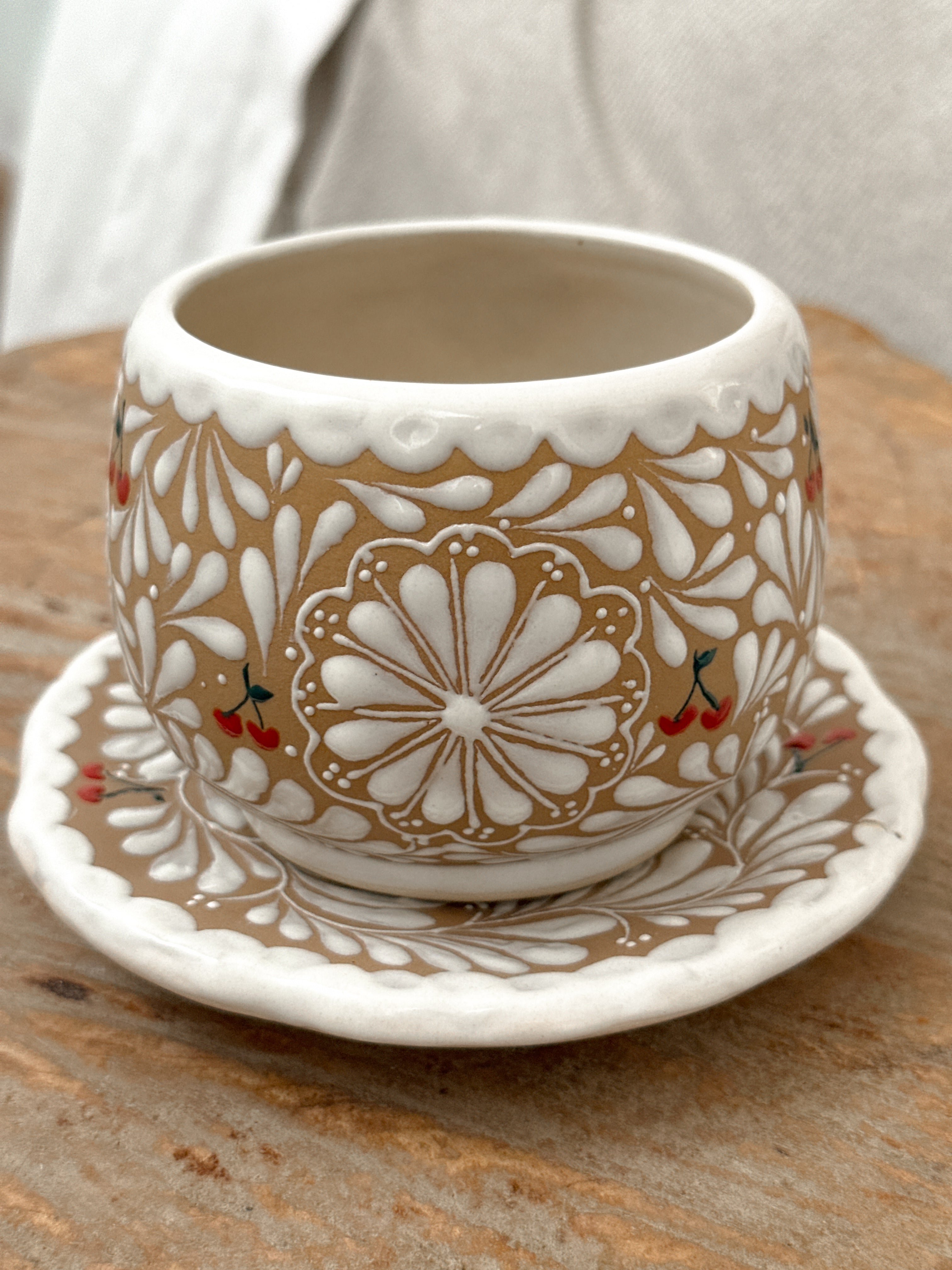 PRE-ORDER Brown Cherry Mug And Plate Set (SHIPS IN APPROX. 6-12 WEEKS)