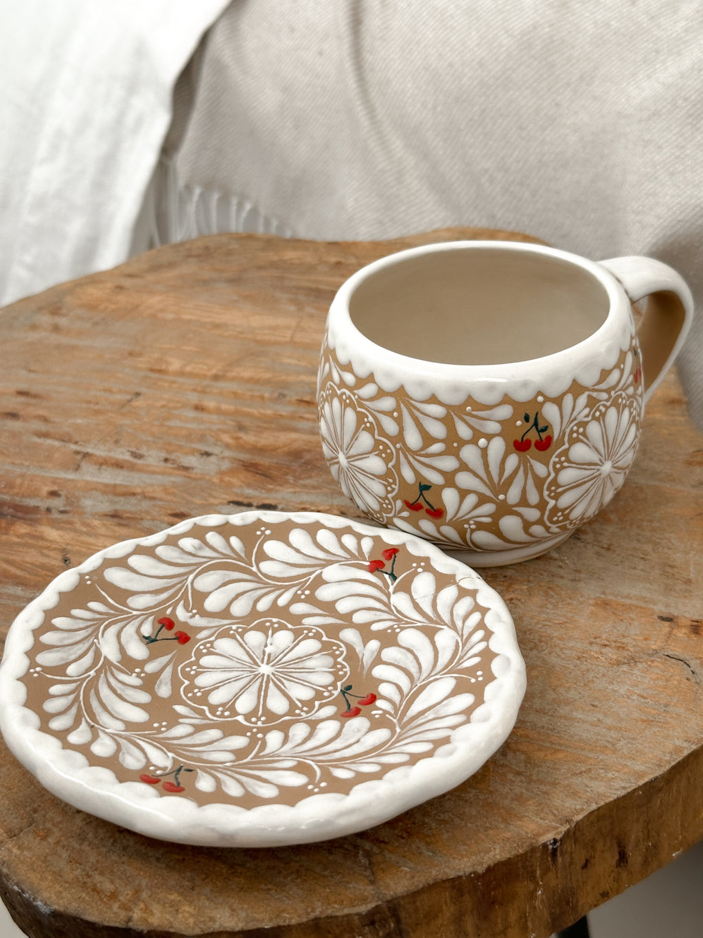 PRE-ORDER Brown Cherry Mug And Plate Set (SHIPS IN APPROX. 6-12 WEEKS)