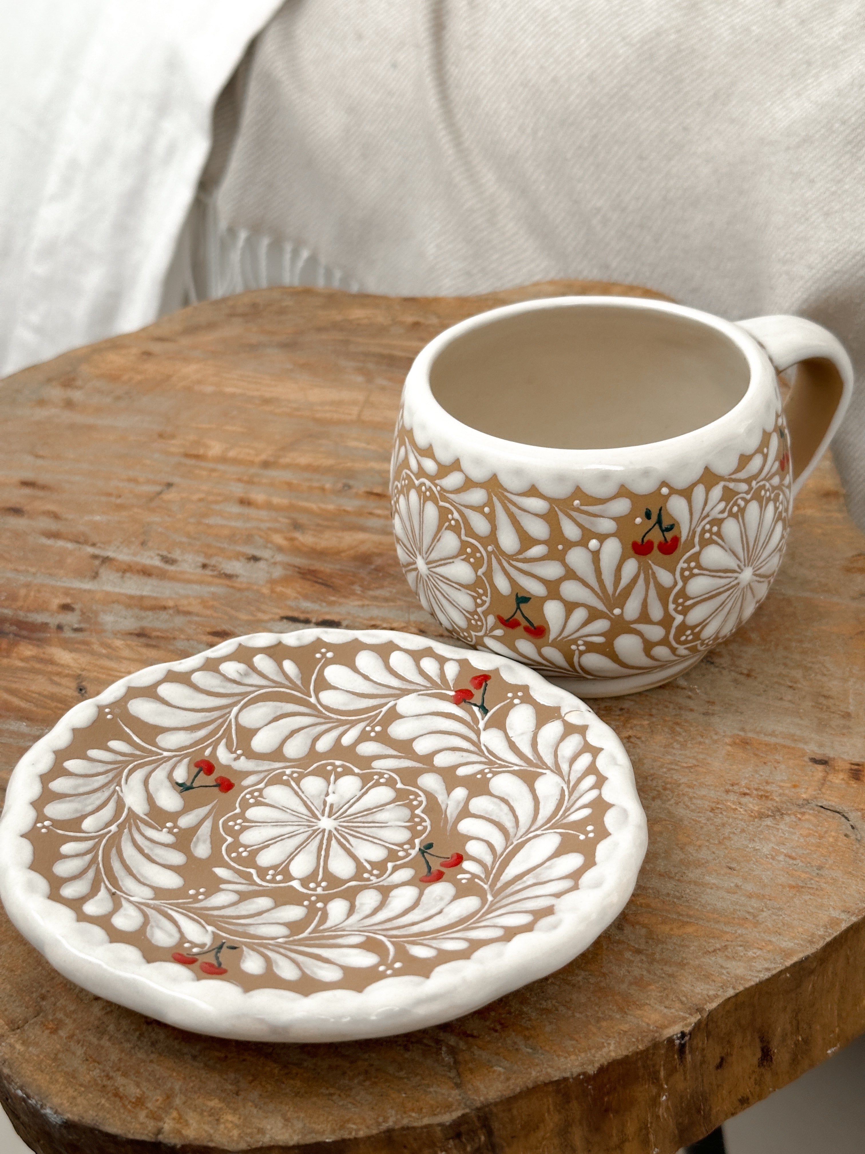 PRE-ORDER Brown Cherry Mug And Plate Set (SHIPS IN APPROX. 6-12 WEEKS)