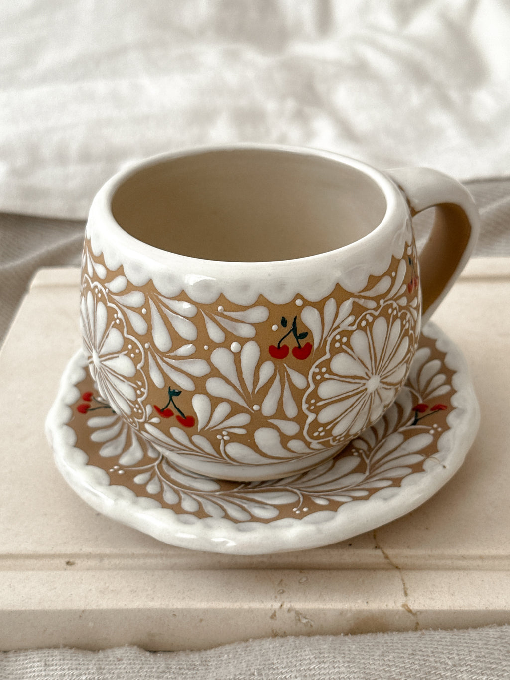 PRE-ORDER Brown Cherry Mug And Plate Set (SHIPS IN APPROX. 6-12 WEEKS)