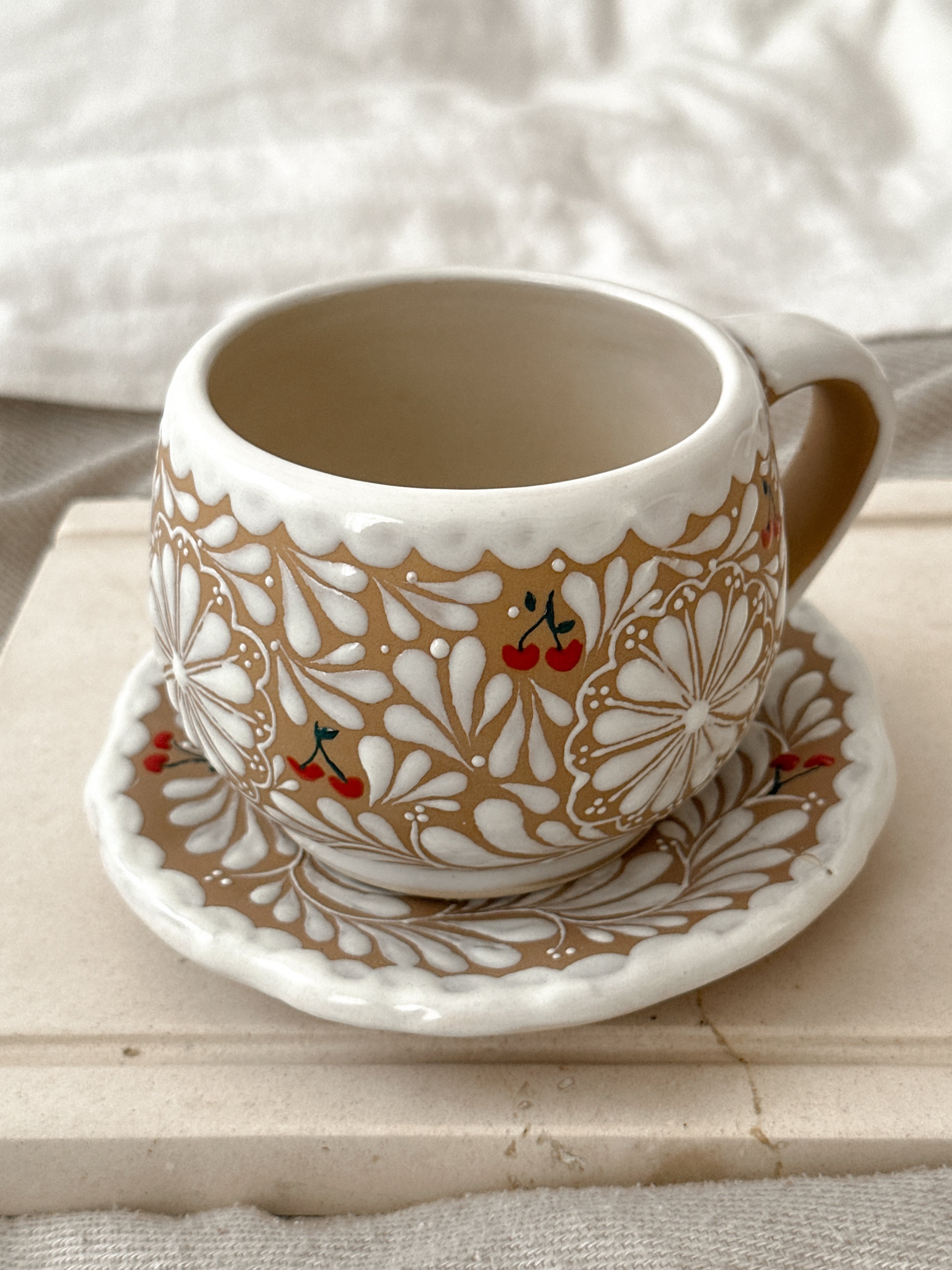PRE-ORDER Brown Cherry Mug And Plate Set (SHIPS IN APPROX. 6-12 WEEKS)