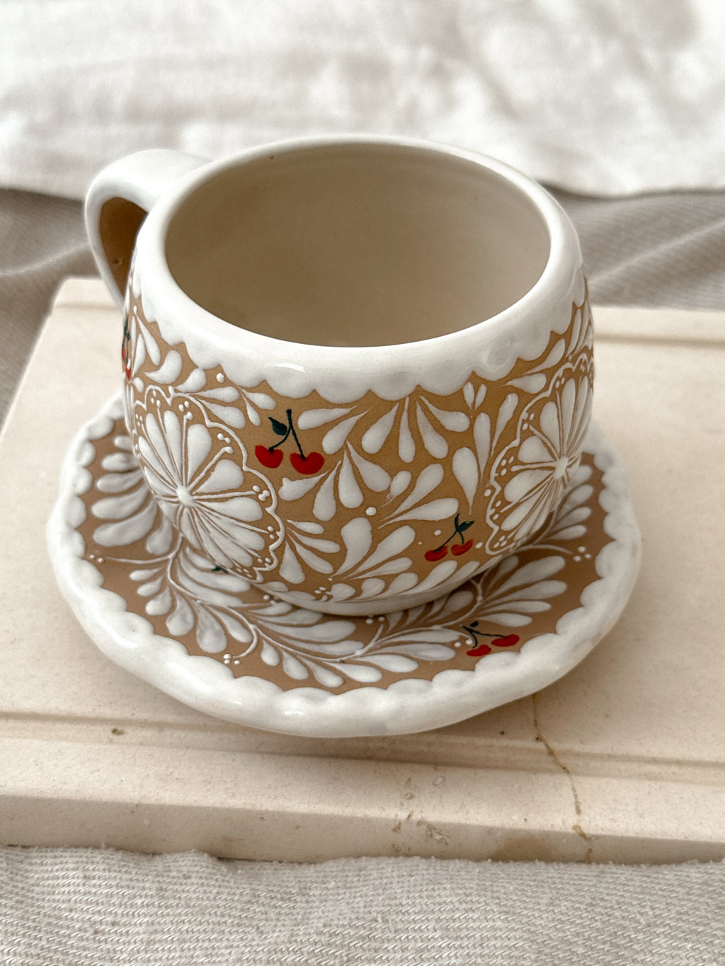 PRE-ORDER Brown Cherry Mug And Plate Set (SHIPS IN APPROX. 6-12 WEEKS)