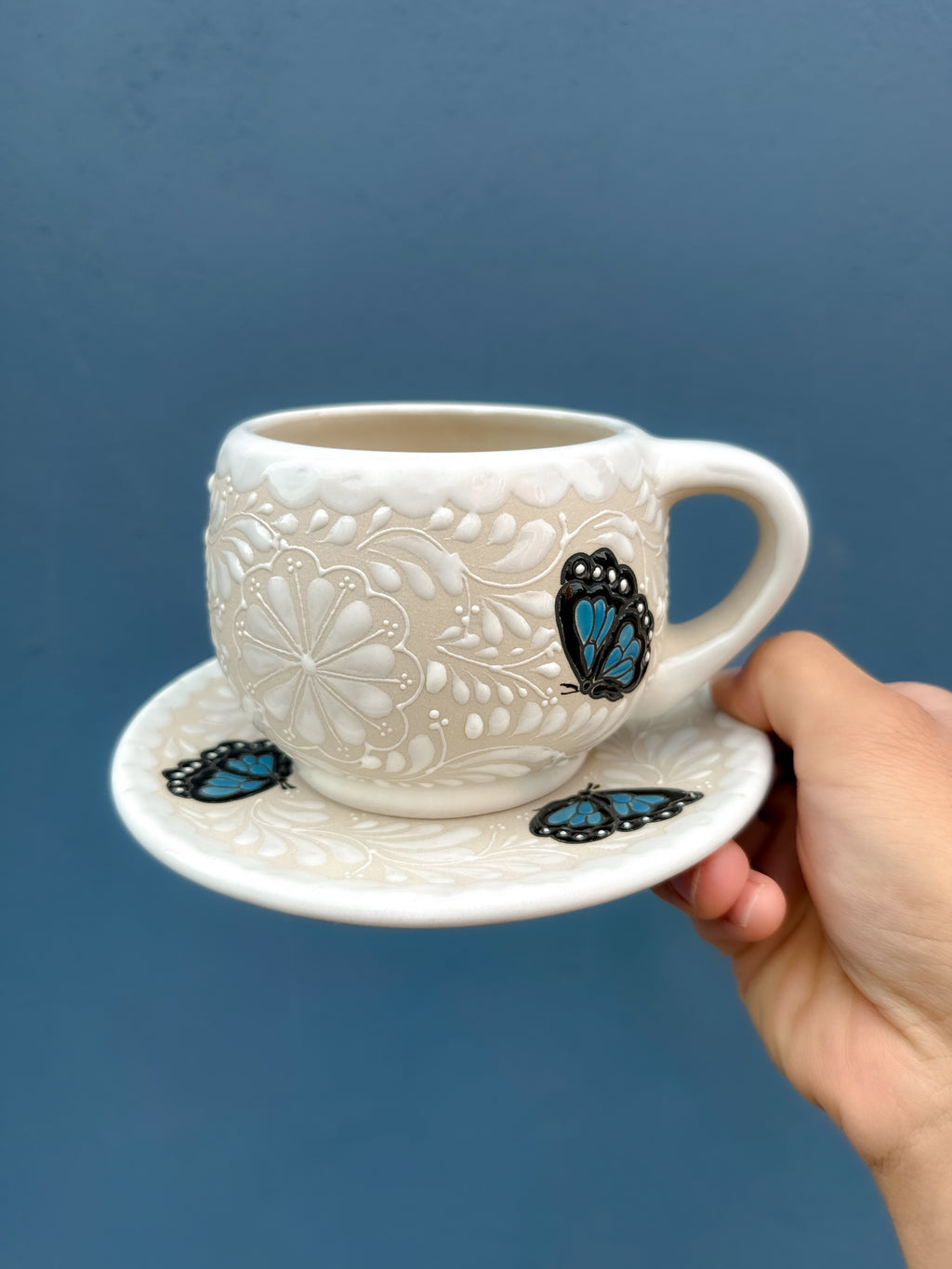 PRE-ORDER Set of 4 Blue Butterflies Mug And Plate (SHIPS IN APPROX. 6-12 WEEKS)