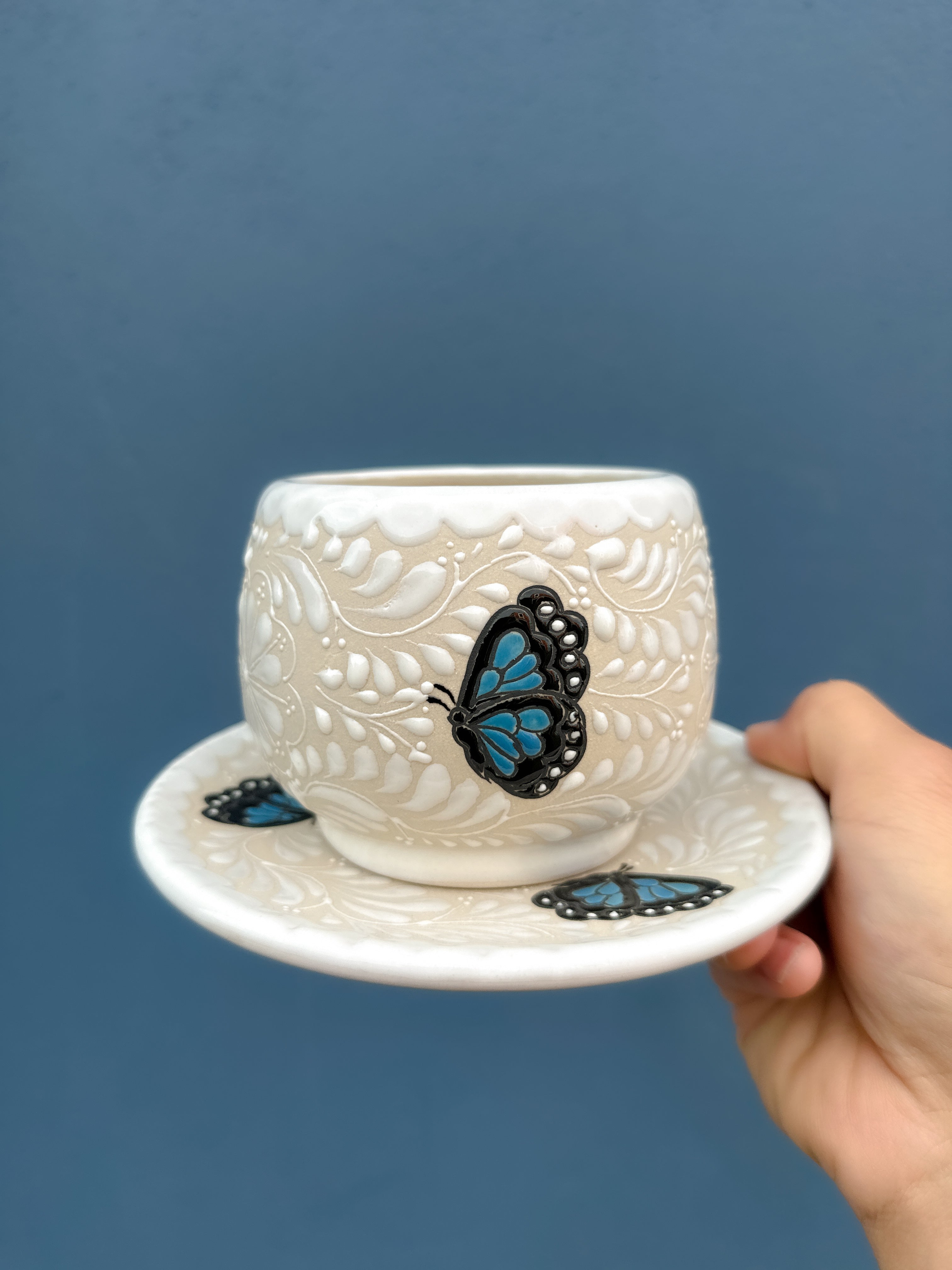 PRE-ORDER Set of 4 Blue Butterflies Mug And Plate (SHIPS IN APPROX. 6-12 WEEKS)
