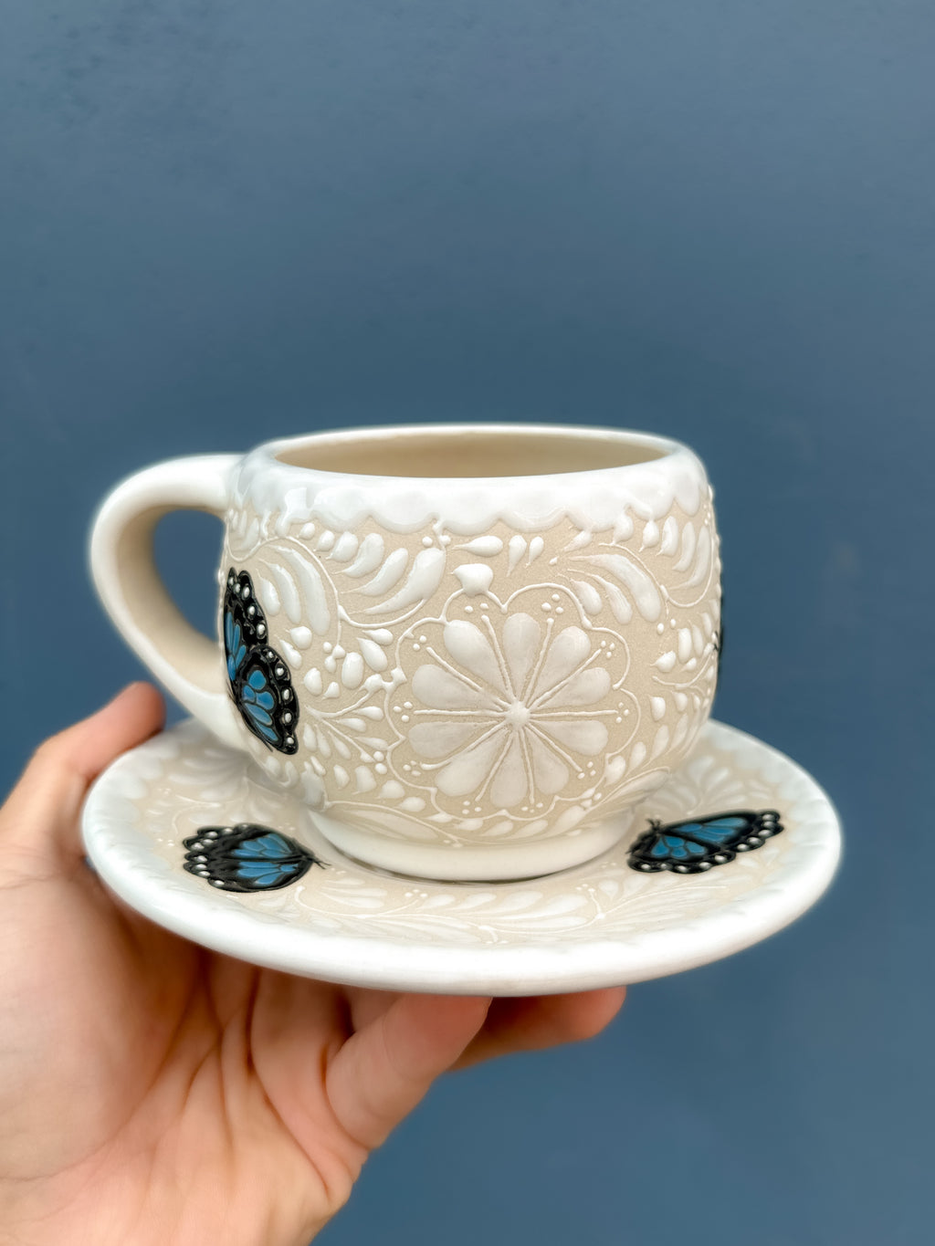 PRE-ORDER Set of 4 Blue Butterflies Mug And Plate (SHIPS IN APPROX. 6-12 WEEKS)