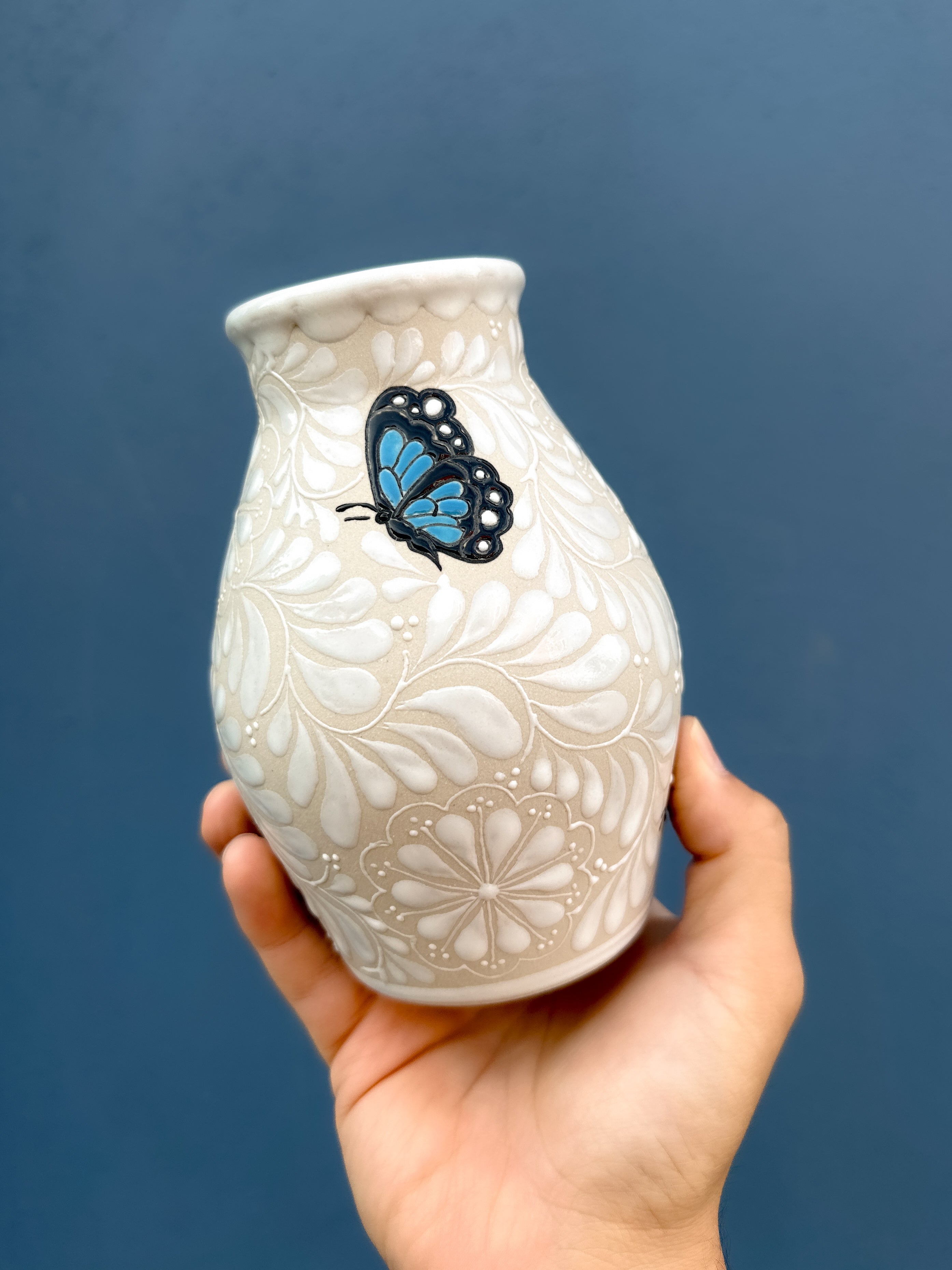 PRE-ORDER Blue Butterflies Small Flower Vase (SHIPS IN APPROX. 6-12 WEEKS)