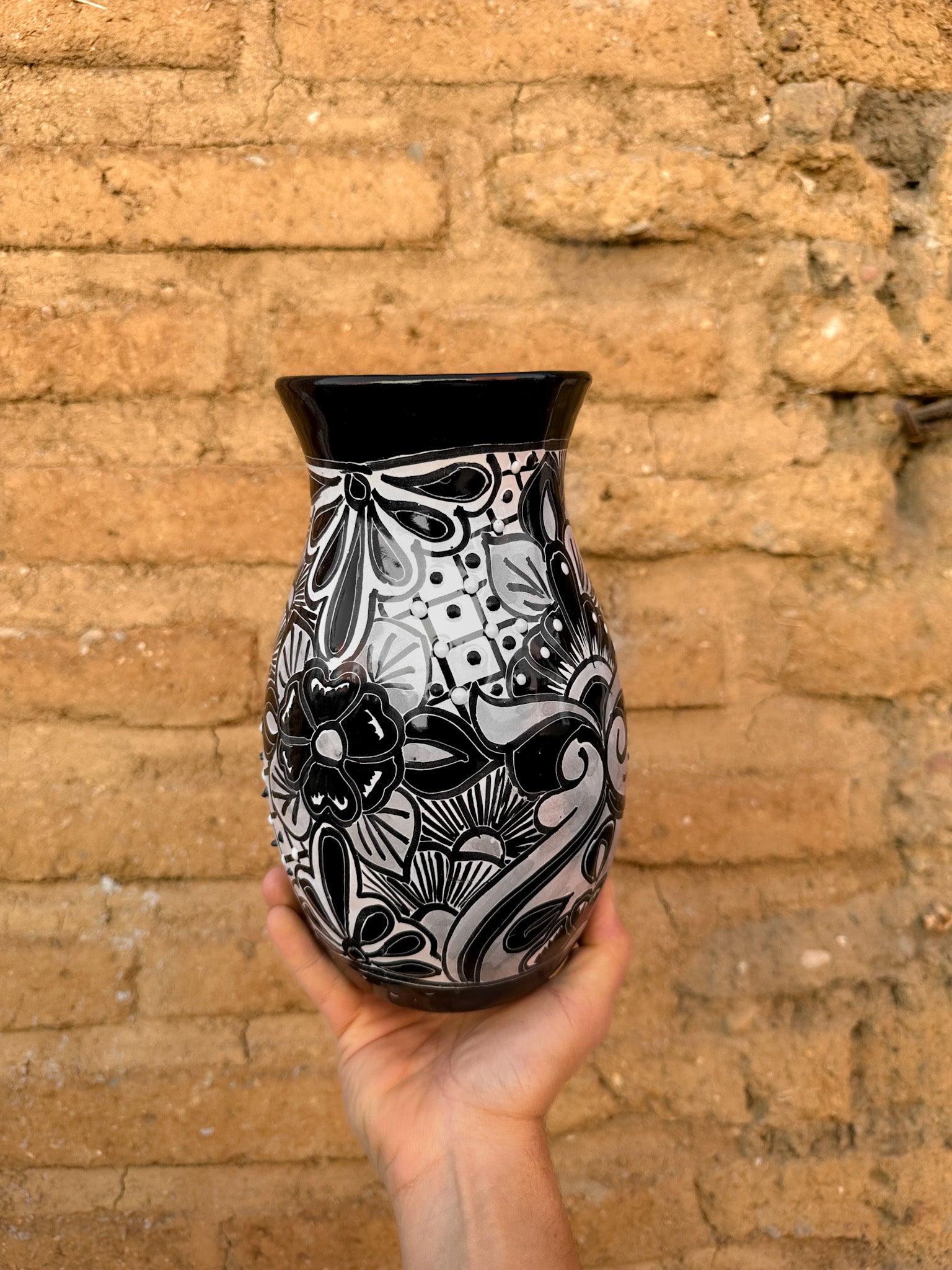 PRE-ORDER Black Talavera Flower Vase (SHIPS IN APPROX. 6-12 WEEKS)