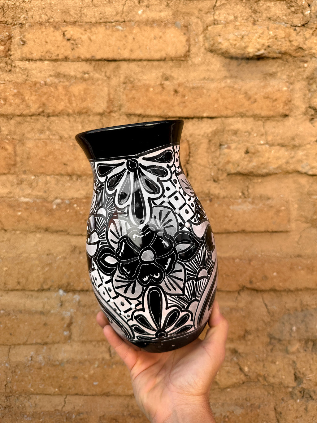 PRE-ORDER Black Talavera Flower Vase (SHIPS IN APPROX. 6-12 WEEKS)
