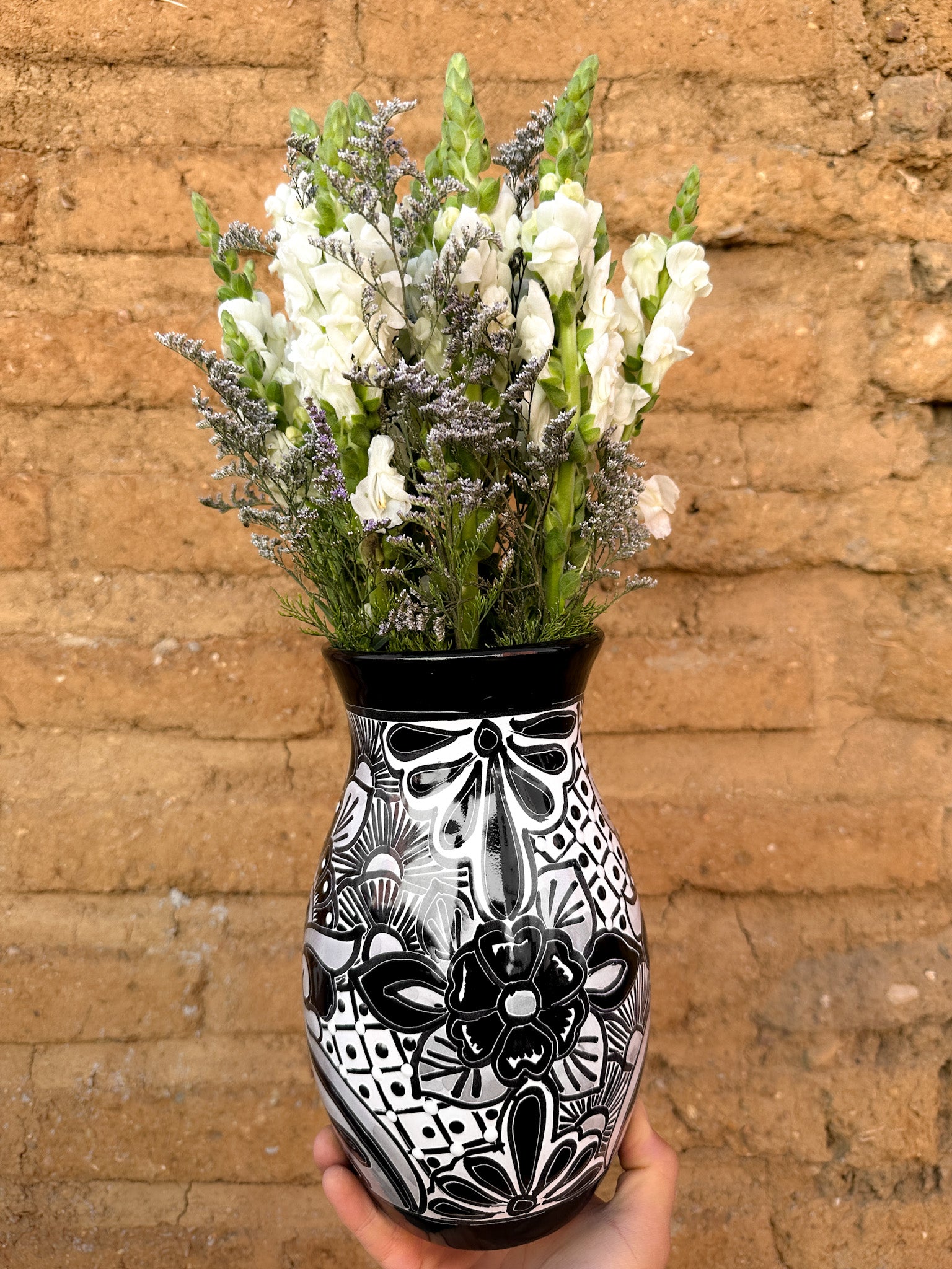 PRE-ORDER Black Talavera Flower Vase (SHIPS IN APPROX. 6-12 WEEKS)