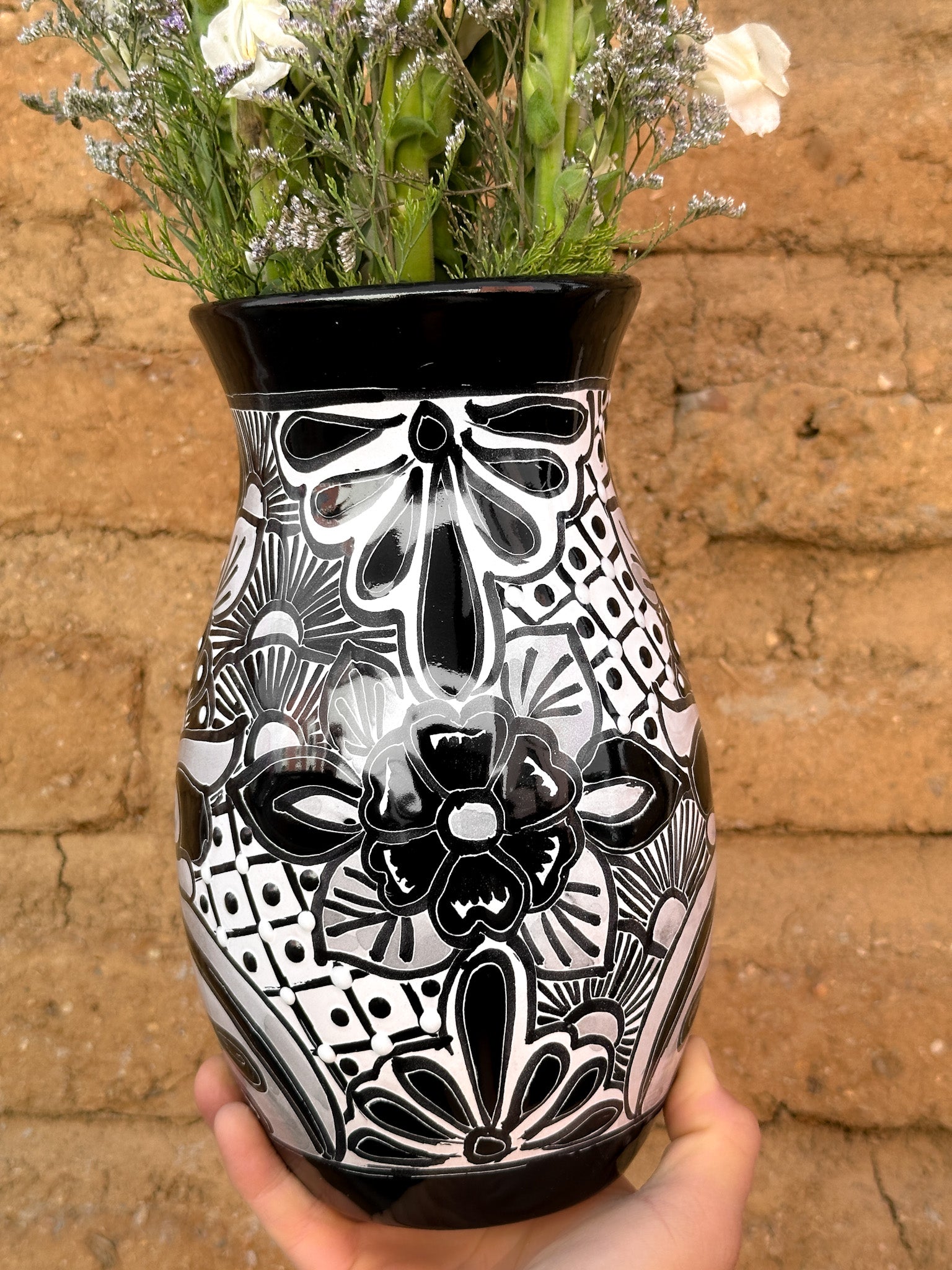 PRE-ORDER Black Talavera Flower Vase (SHIPS IN APPROX. 6-12 WEEKS)